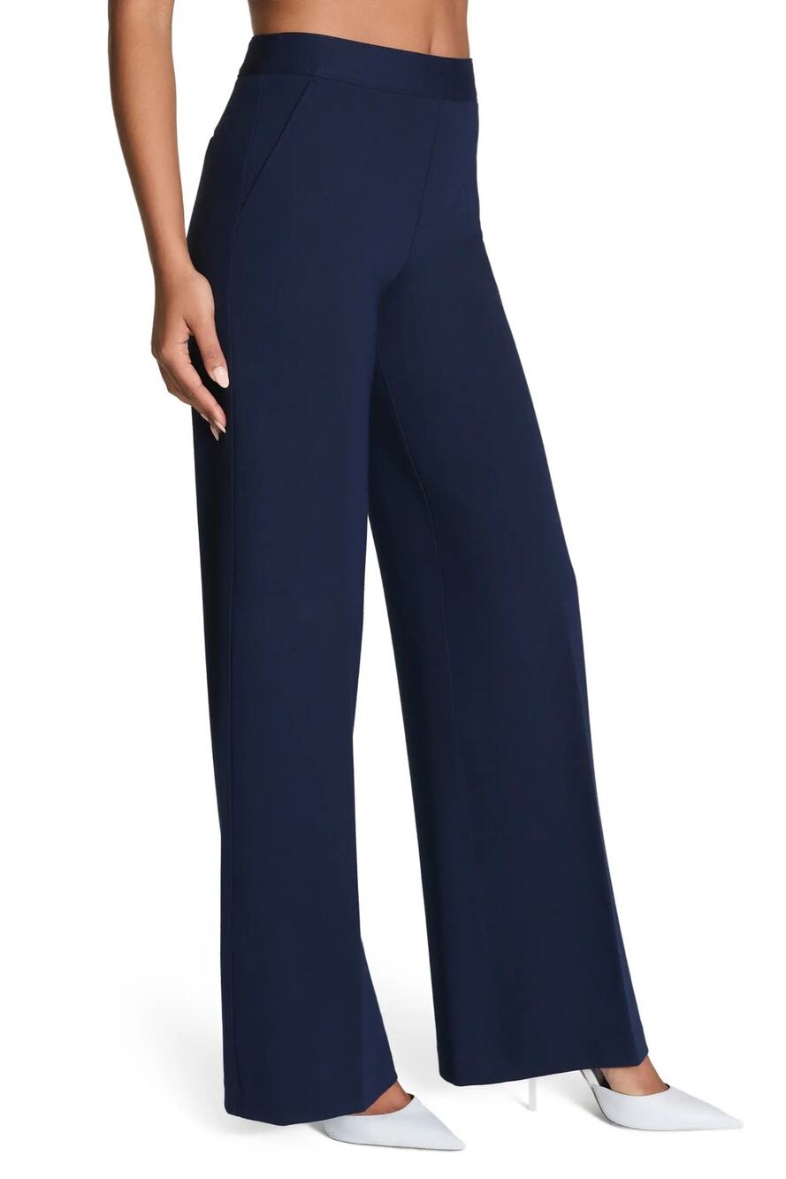 NWT SPANX Supersmooth Navy Blue Stretch Ponte Wide Leg Trousers Pants